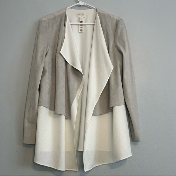 Chico's Open Front Faux Suede Jacket Jacket Sz L White Gray Layered Office - Picture 4 of 15